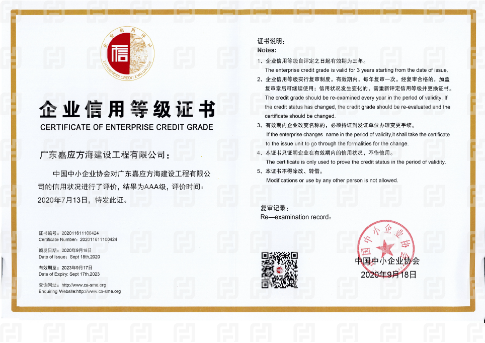 2020中小企业协会AAA信用等级证书