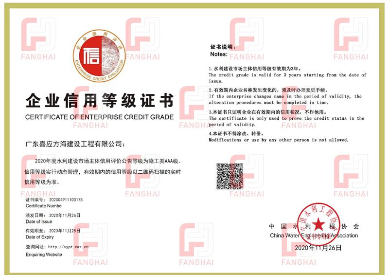 2020水利工程协会AAA信用等级证书